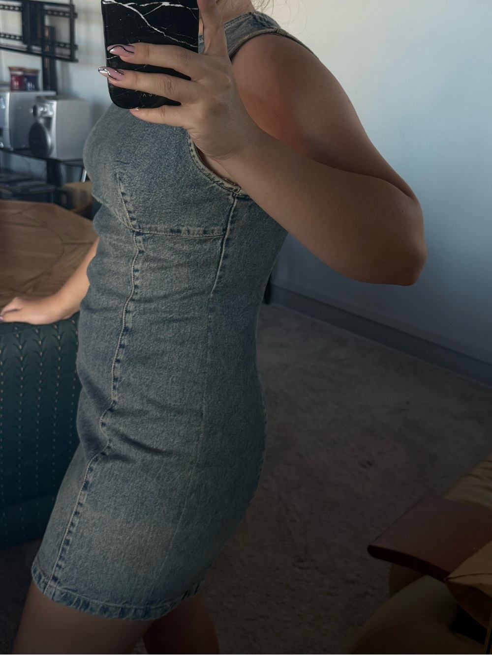 Zara Sleeveless Denim Shift Dress in Washed dark blue Denim - Picture 2 of 8